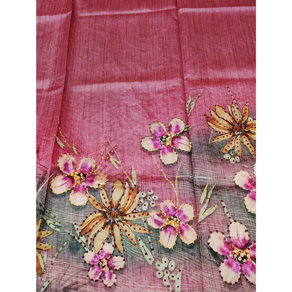 Pink n Grey Colour Combination Tusser Saree with French Knots in the Digital Flowers
