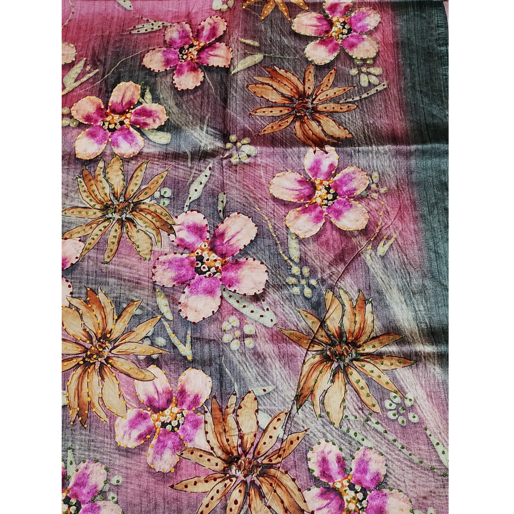 Pink n Grey Colour Combination Tusser Saree with French Knots in the Digital Flowers