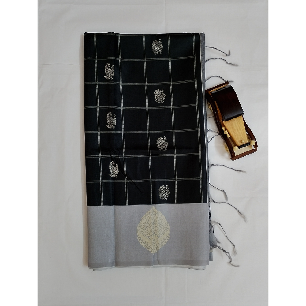 Black with Silver Grey Border Pallu n Blouse Semi Tusser Saree