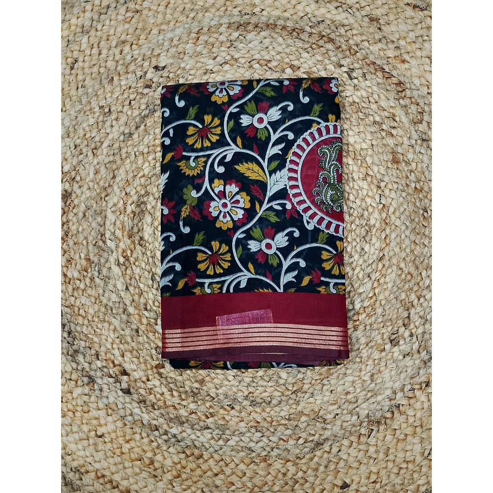 Black Saree with Red Blouse N Pallu Kalamkari Designs Linen Cotton Saree