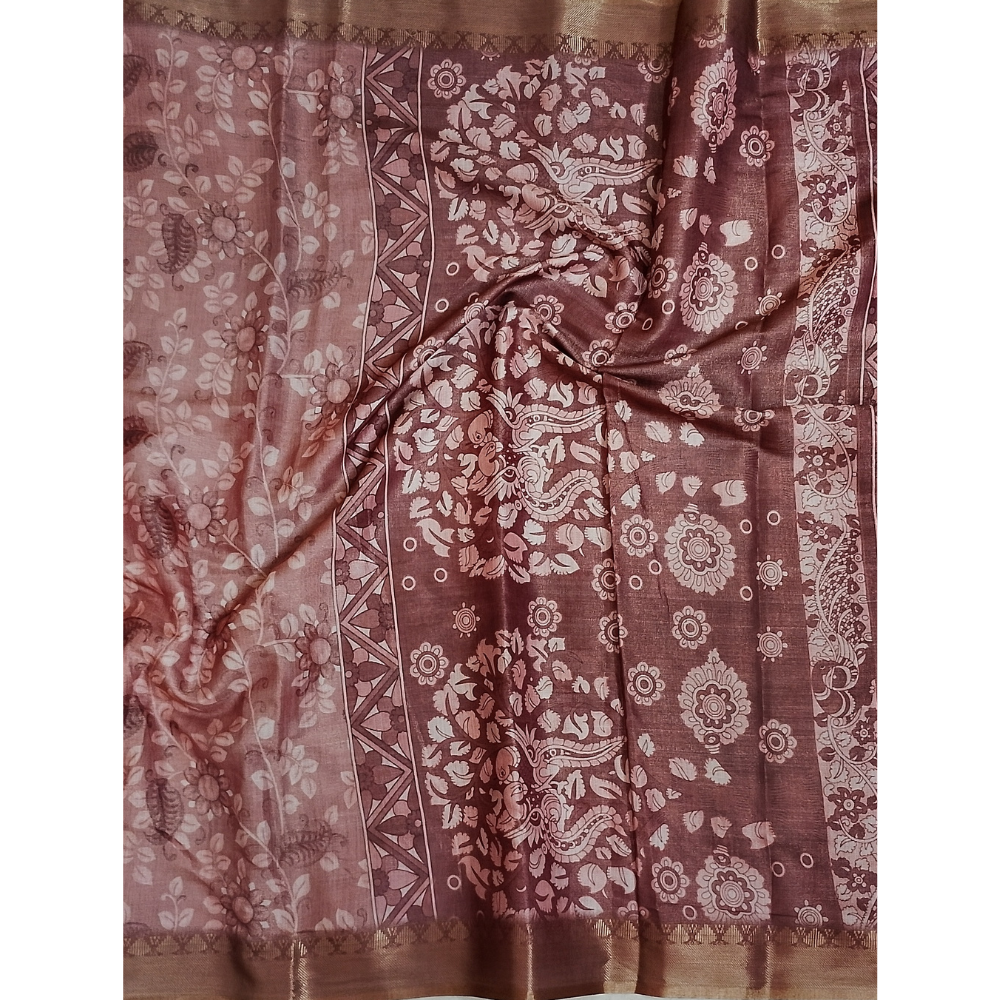 Light Brick Colour Floral pattern Linen Digital Sarees
