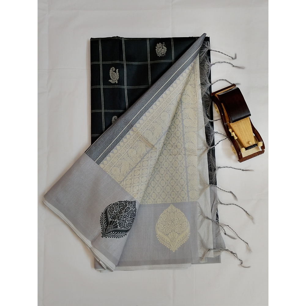 Black with Silver Grey Border Pallu n Blouse Semi Tusser Saree