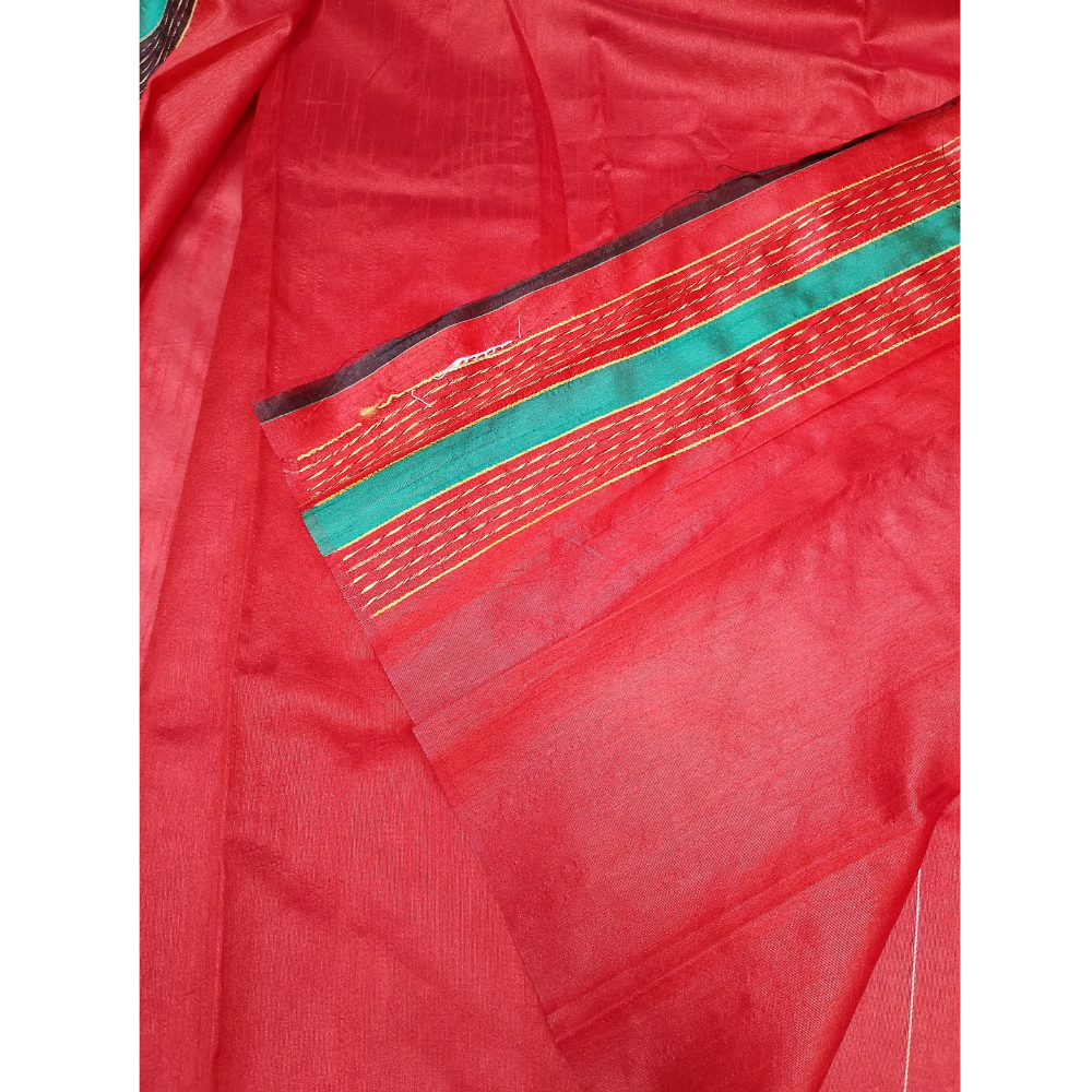 Red Raw Silk Saree with contrast Ikkat Blouse