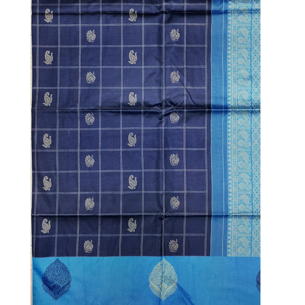 Navy Blue with Sky Blue Border Pallu n Blouse  Semi Tusser Saree