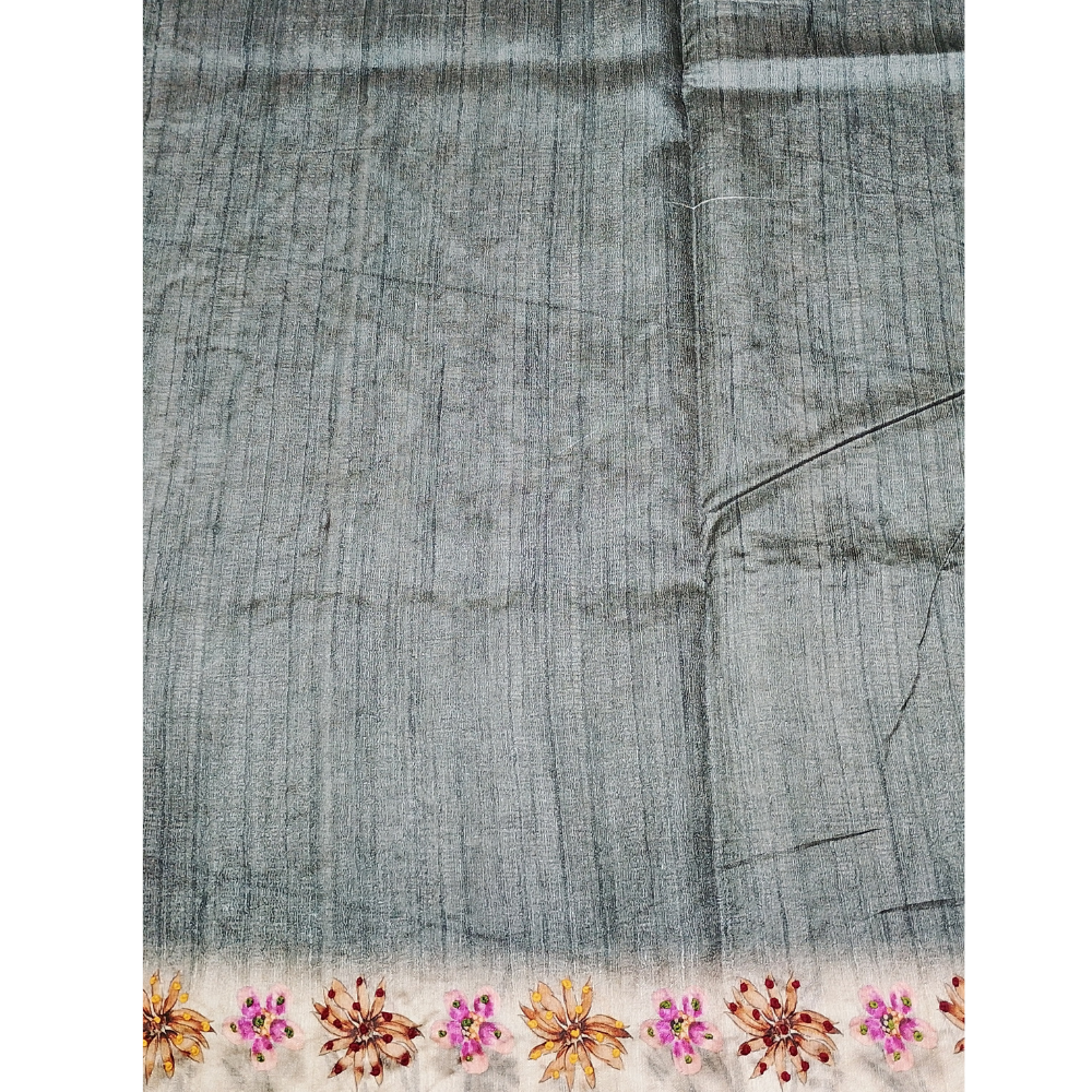 Pink n Grey Colour Combination Tusser Saree with French Knots in the Digital Flowers