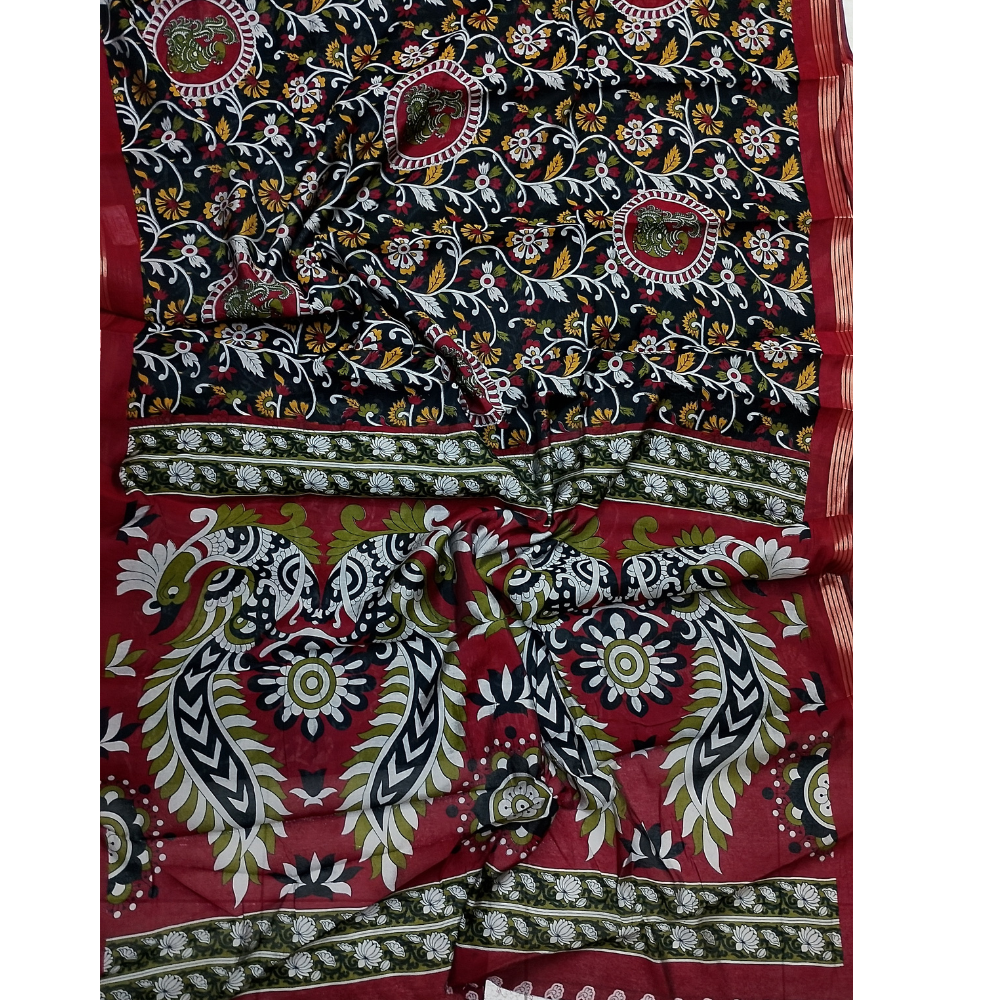 Black Saree with Red Blouse N Pallu Kalamkari Designs Linen Cotton Saree