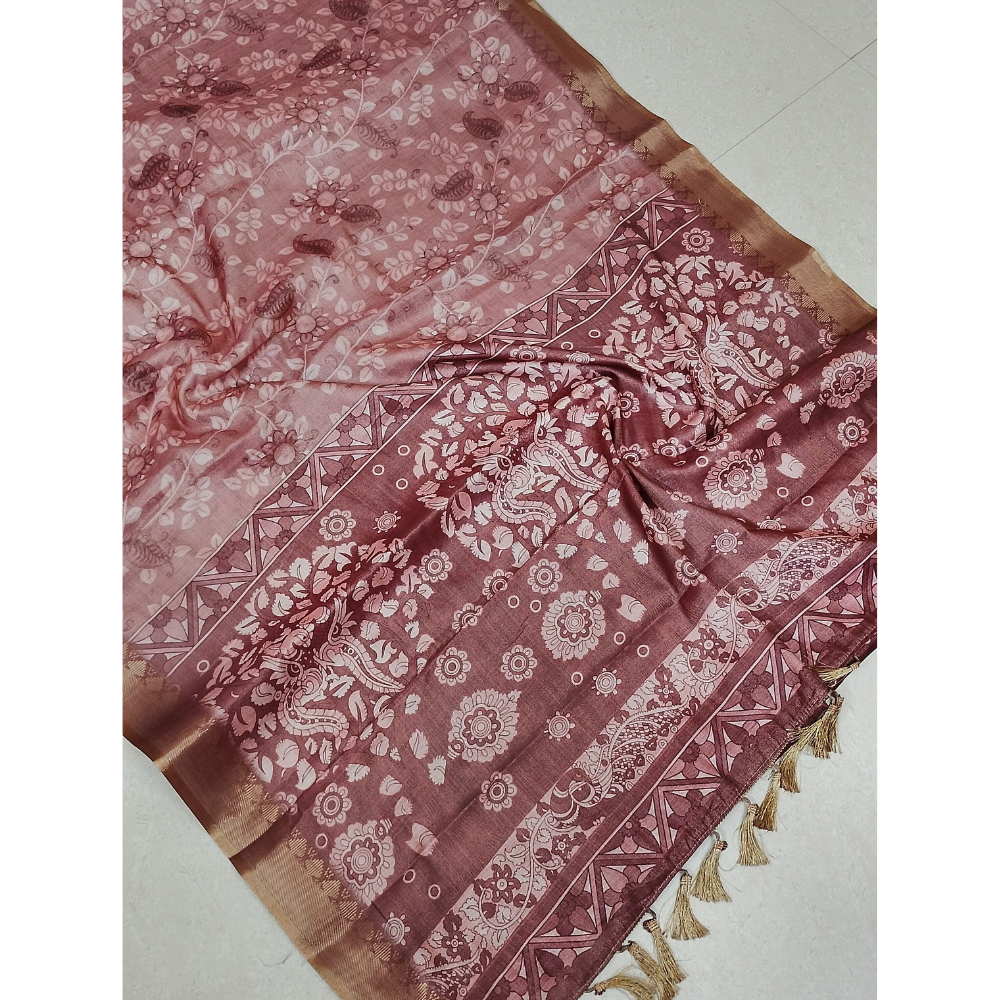 Light Brick Colour Floral pattern Linen Digital Sarees