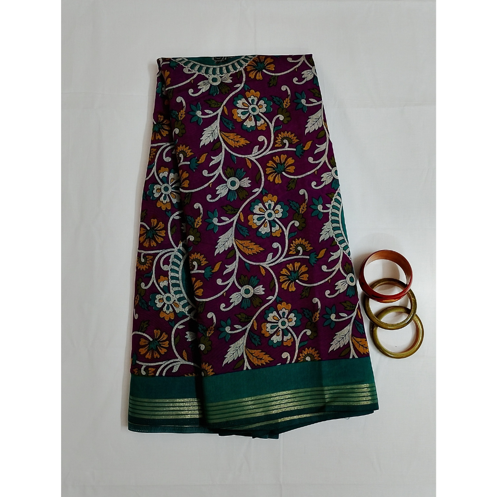 Violet Saree with Rama Green Blouse N Pallu Kalamkari Designs Linen Cotton Saree