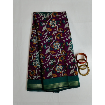 Violet Saree with Rama Green Blouse N Pallu Kalamkari Designs Linen Cotton Saree