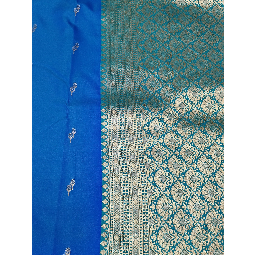 Blue colour with Green blouse n pallu Semi Soft Silk Saree