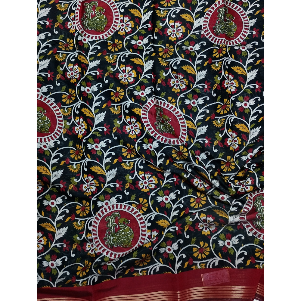 Black Saree with Red Blouse N Pallu Kalamkari Designs Linen Cotton Saree