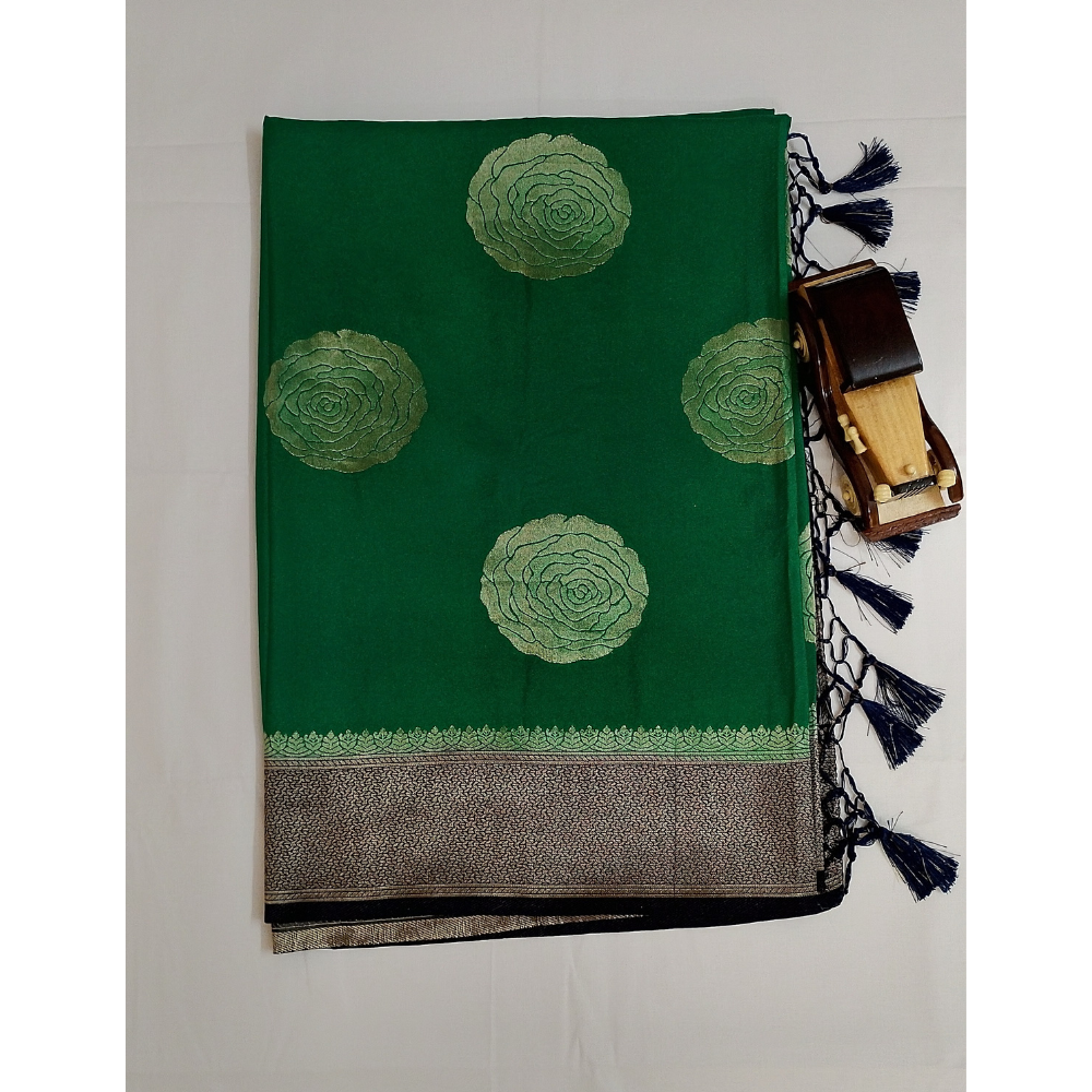 Green with navy blue border pearl viscose sarees with floral motifs