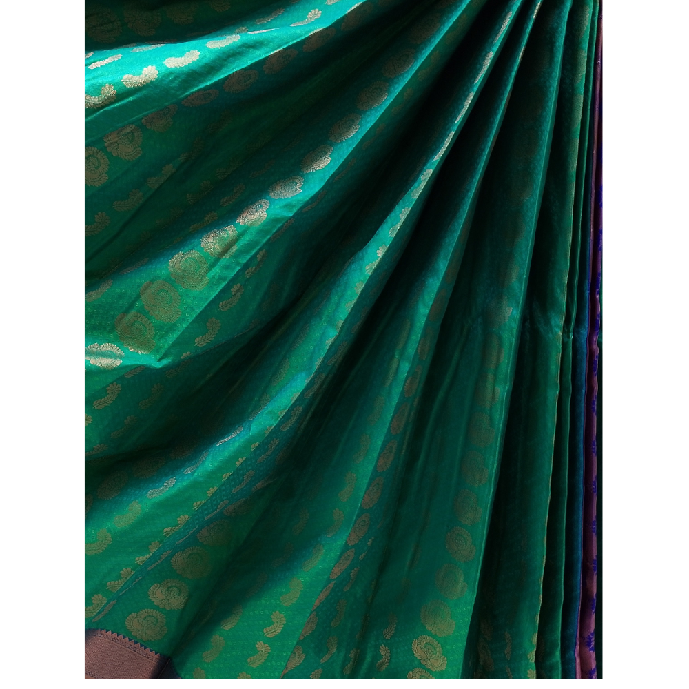 Green colour with blue border Semi Art Silk Saree