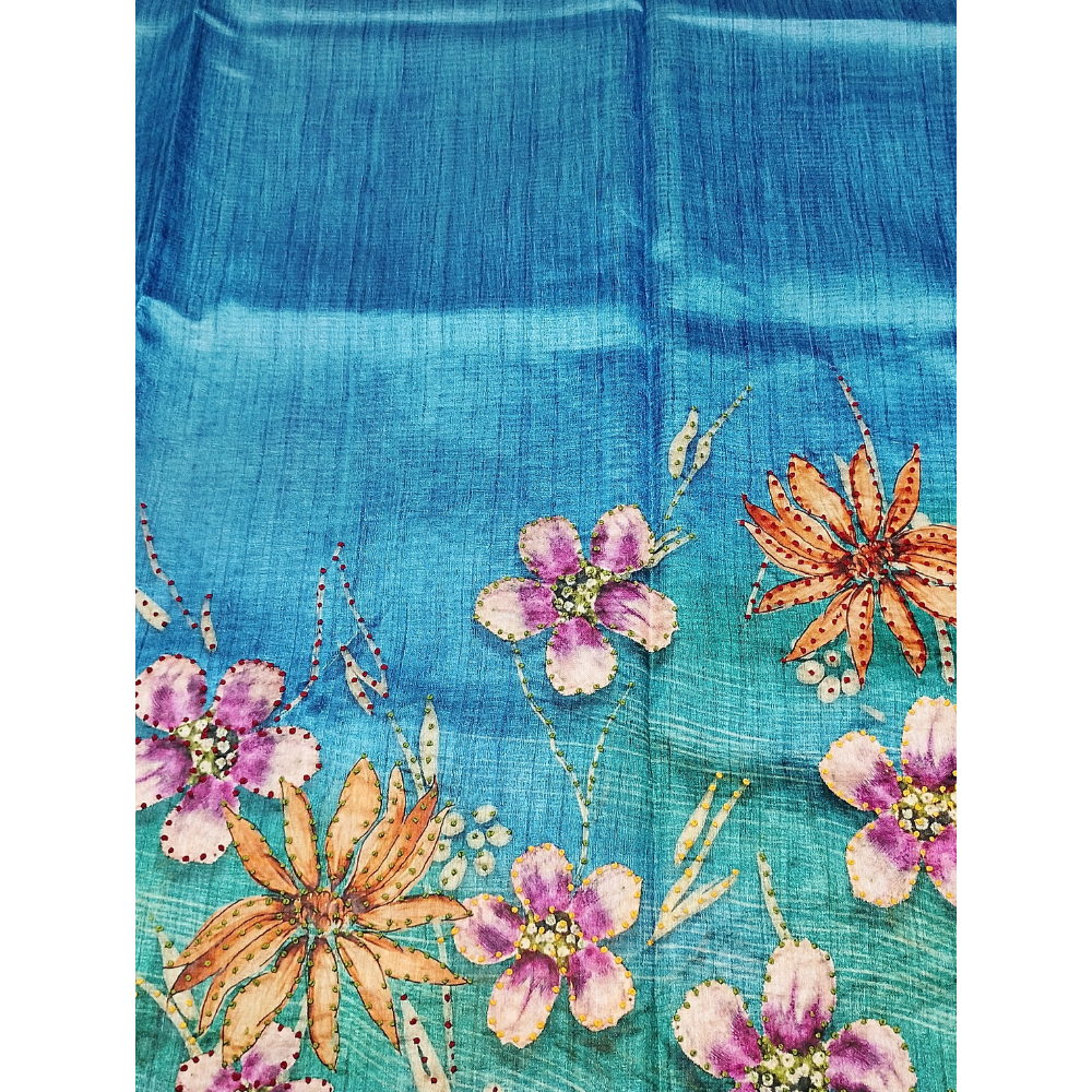 Blue n Rama Green Colour combination Tusser Saree with French Knots on the Digital Flowers