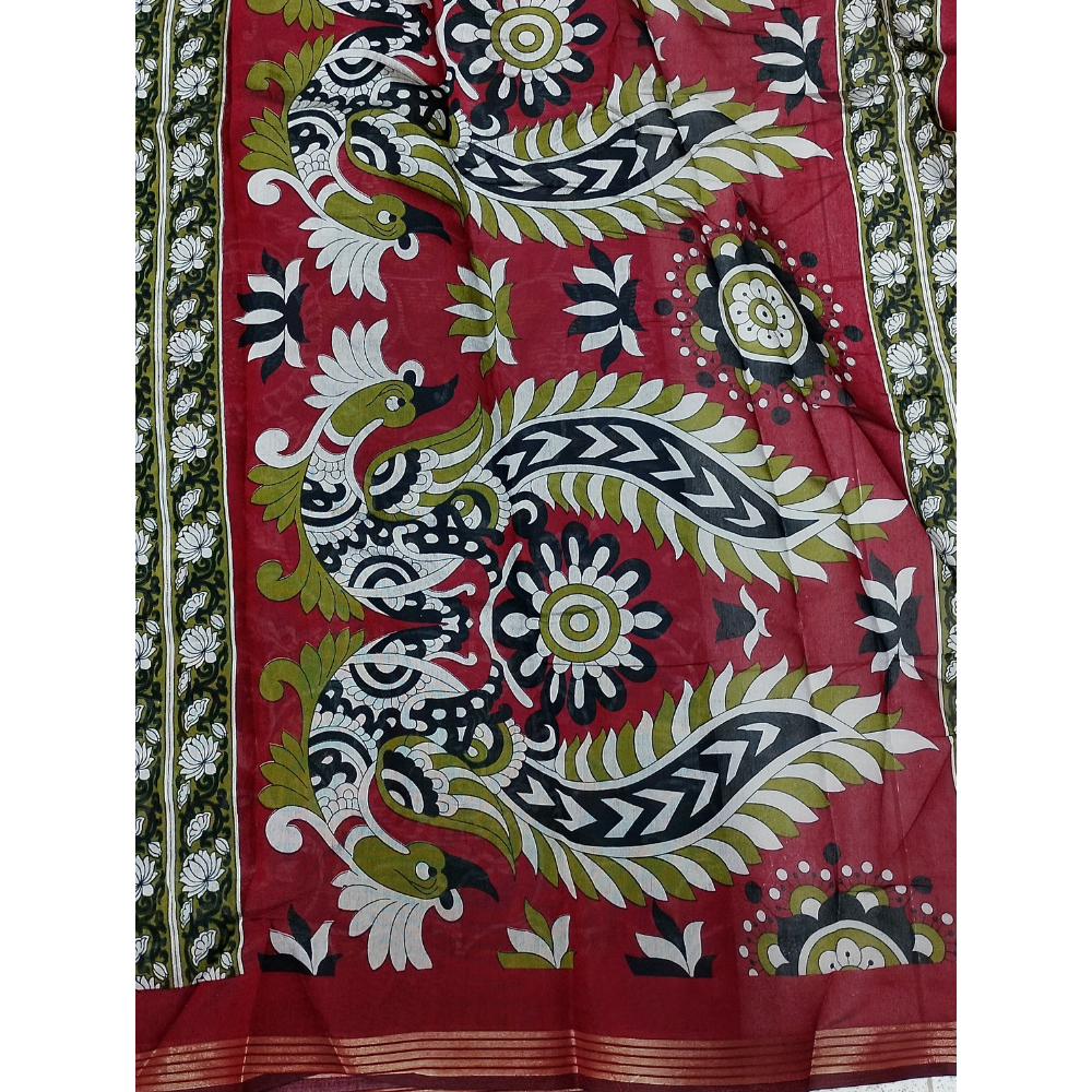Black Saree with Red Blouse N Pallu Kalamkari Designs Linen Cotton Saree