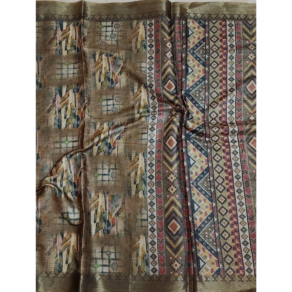 Light Golden Brown Geometric pattern Linen Digital Saree