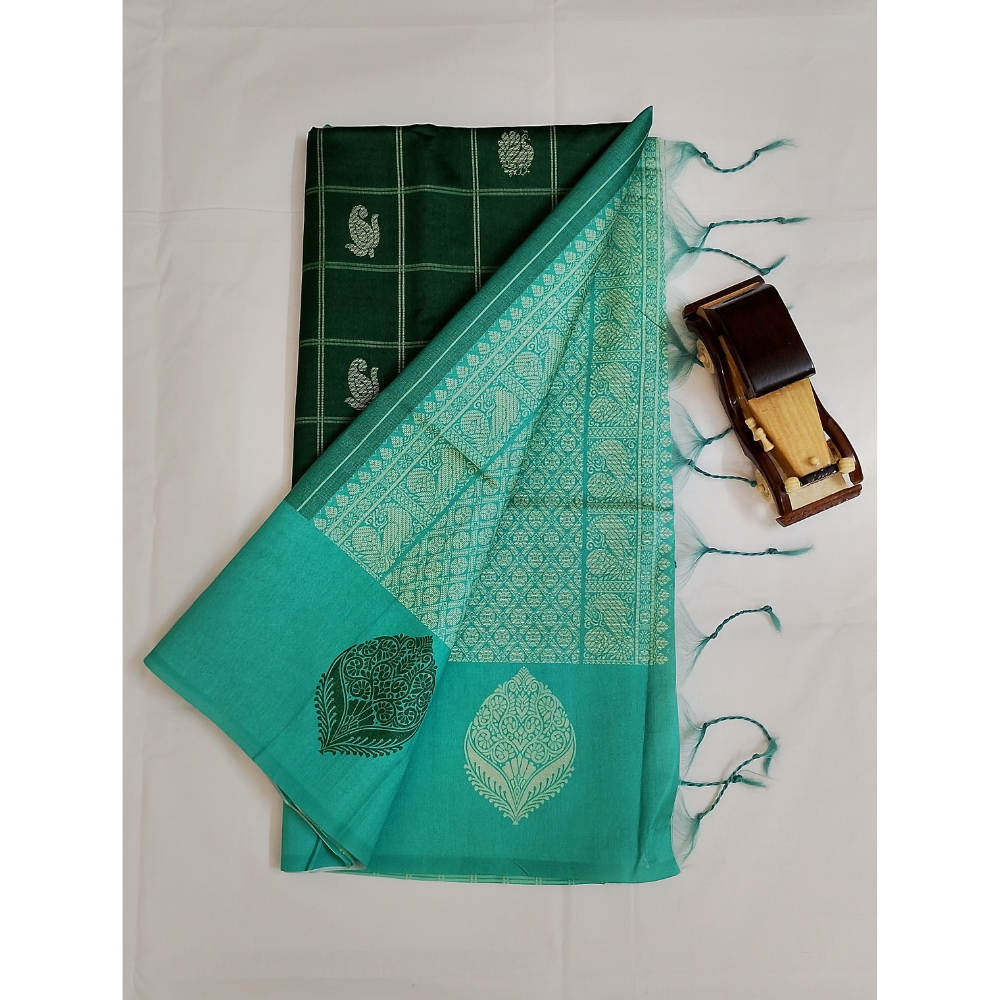 Dark Bottle Green with Sea Green Border Pallu n Blouse Semi Tusser Saree