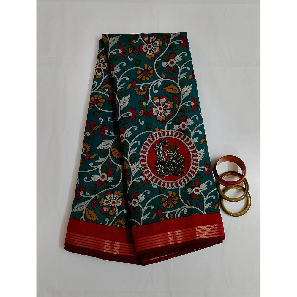 Rama Green saree with Red Blouse N Pallu Kalamkari Design Linen Cotton saree