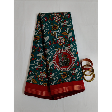 Rama Green saree with Red Blouse N Pallu Kalamkari Design Linen Cotton saree