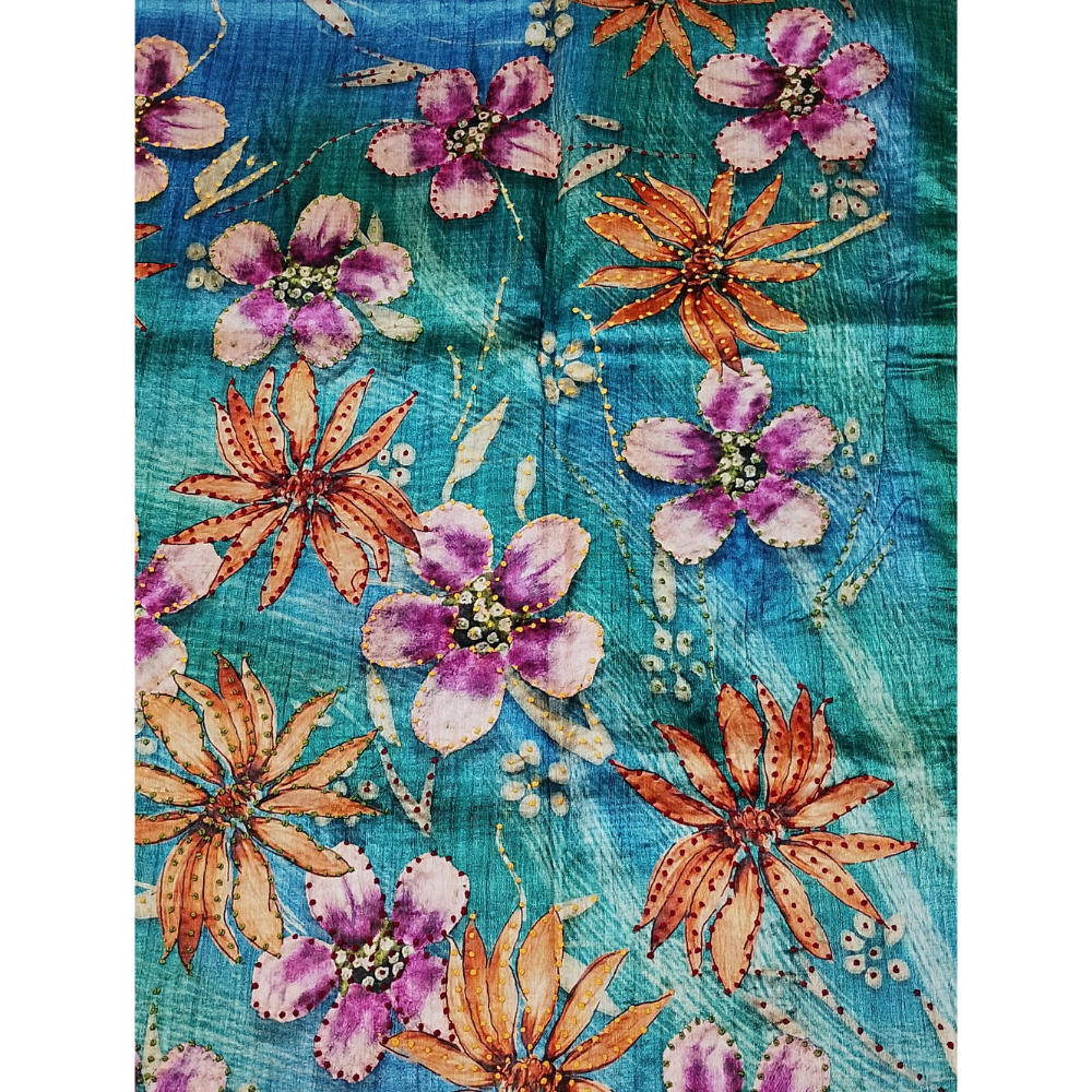 Blue n Rama Green Colour combination Tusser Saree with French Knots on the Digital Flowers