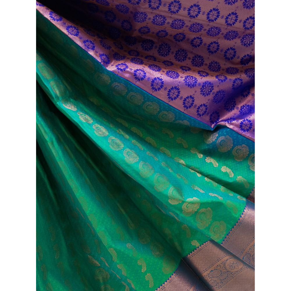 Green colour with blue border Semi Art Silk Saree
