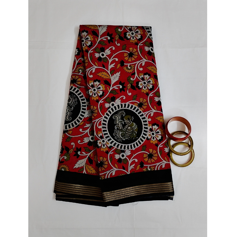 Bright Pink Saree with Red Blouse N Pallu Kalamkari Designs Linen Cotton Saree