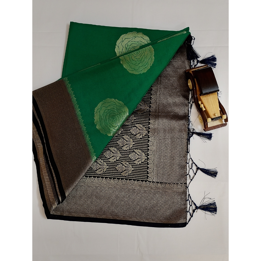 Green with navy blue border pearl viscose sarees with floral motifs