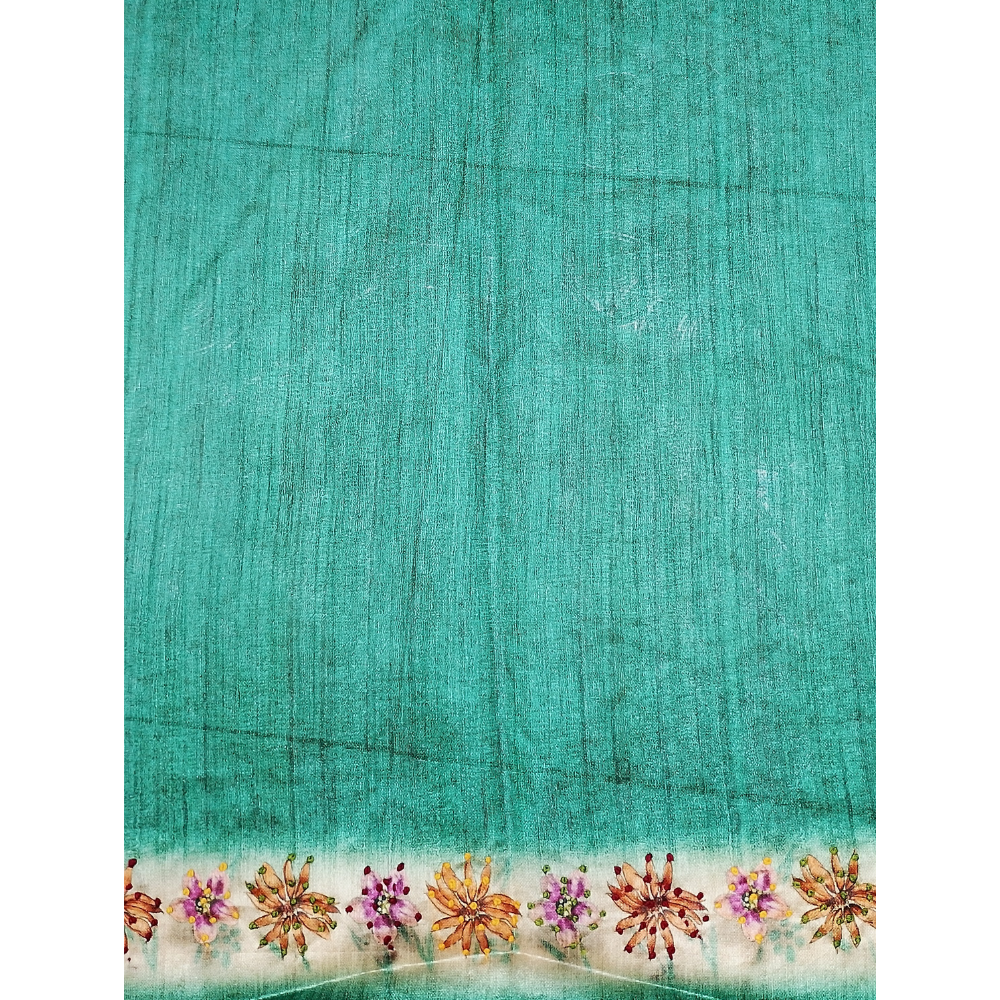 Blue n Rama Green Colour combination Tusser Saree with French Knots on the Digital Flowers