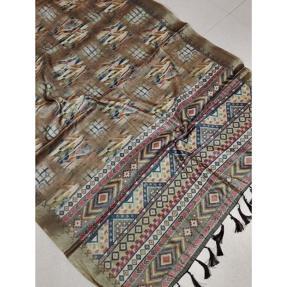 Light Golden Brown Geometric pattern Linen Digital Saree