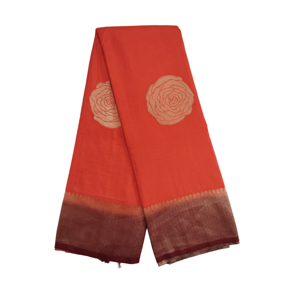Bright Orange with Maroon border pearl viscose sarees with floral motifs