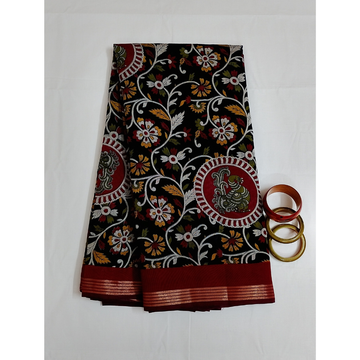 Black Saree with Red Blouse N Pallu Kalamkari Designs Linen Cotton Saree