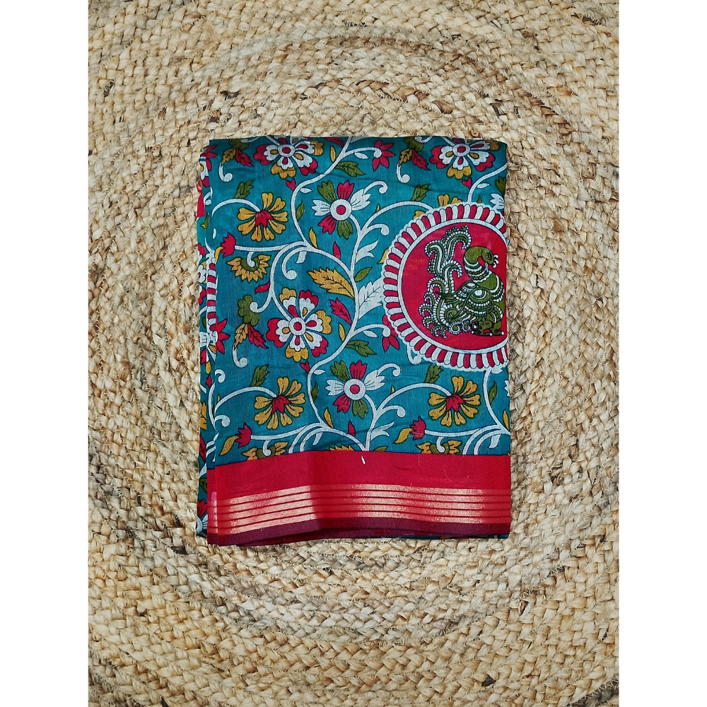 Rama Green saree with Red Blouse N Pallu Kalamkari Design Linen Cotton saree