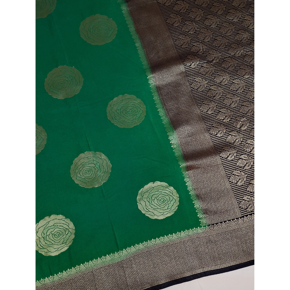 Green with navy blue border pearl viscose sarees with floral motifs