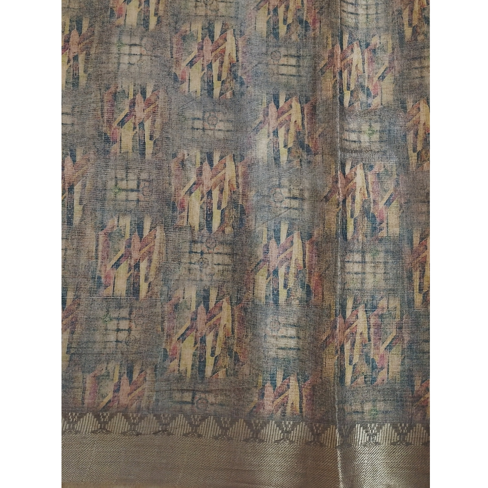 Light Golden Brown Geometric pattern Linen Digital Saree