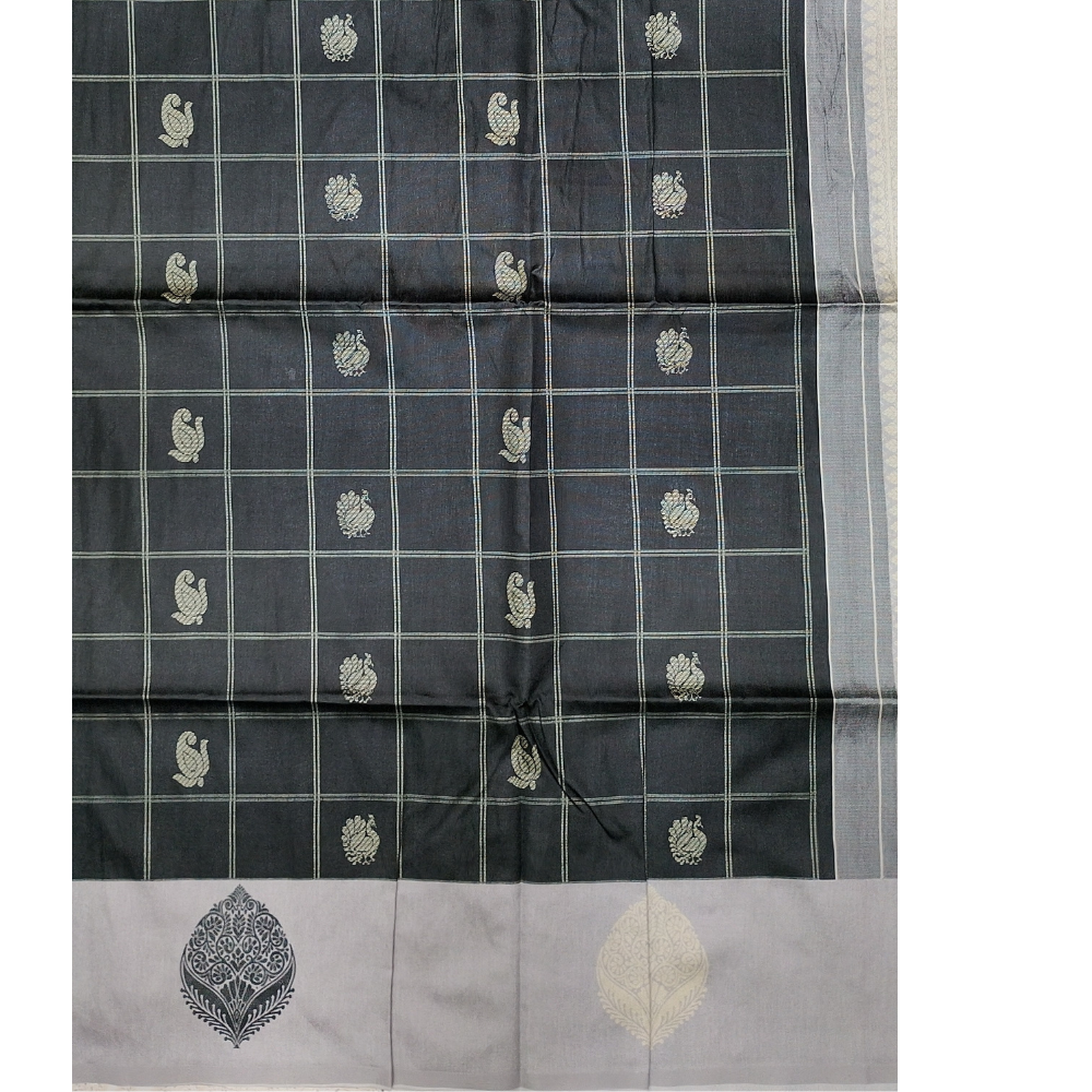 Black with Silver Grey Border Pallu n Blouse Semi Tusser Saree