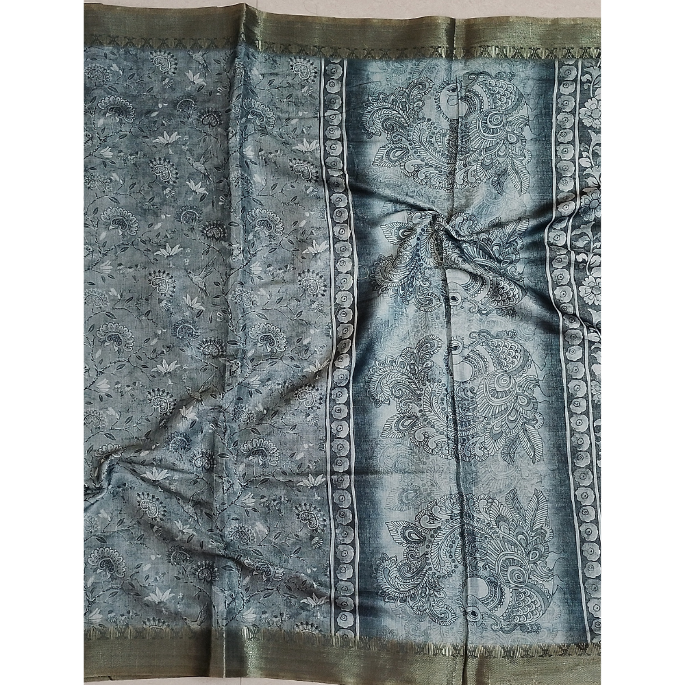 Dark Grey Colour Floral Prints Linen Digital Saree