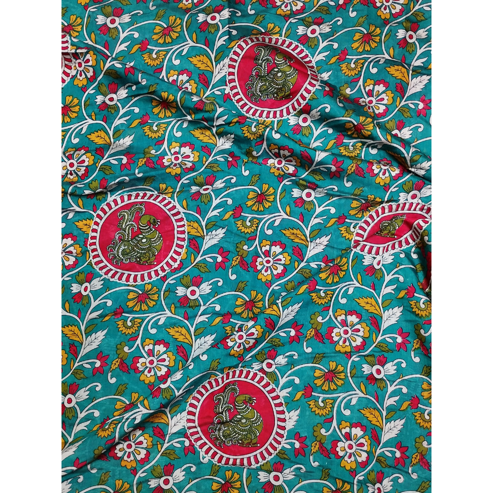 Rama Green saree with Red Blouse N Pallu Kalamkari Design Linen Cotton saree