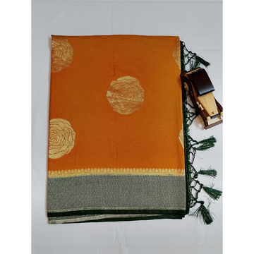 Mustard Yellow with Dark Green border pearl viscose sarees with floral motifs