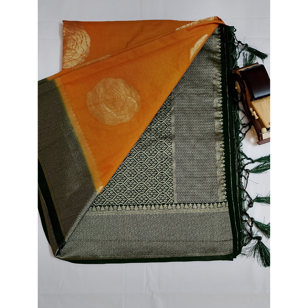 Mustard Yellow with Dark Green border pearl viscose sarees with floral motifs