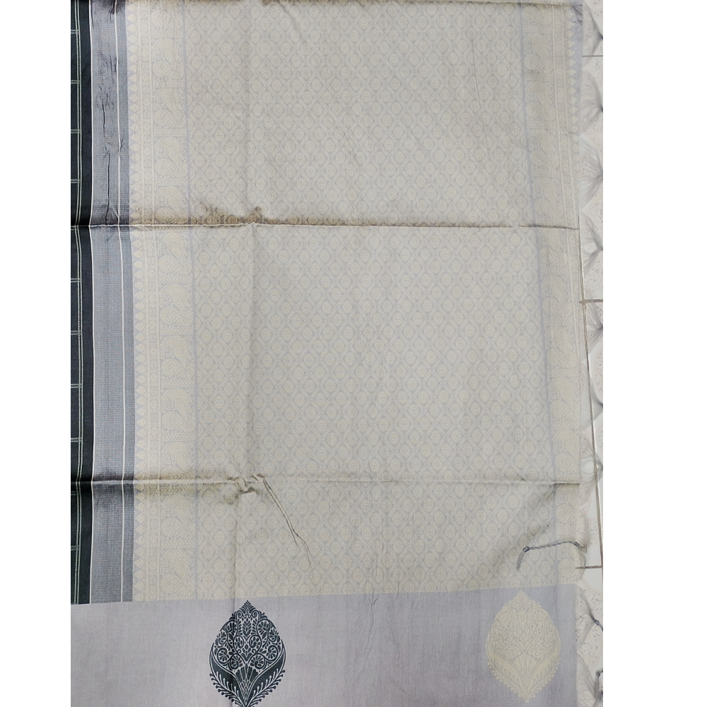 Black with Silver Grey Border Pallu n Blouse Semi Tusser Saree