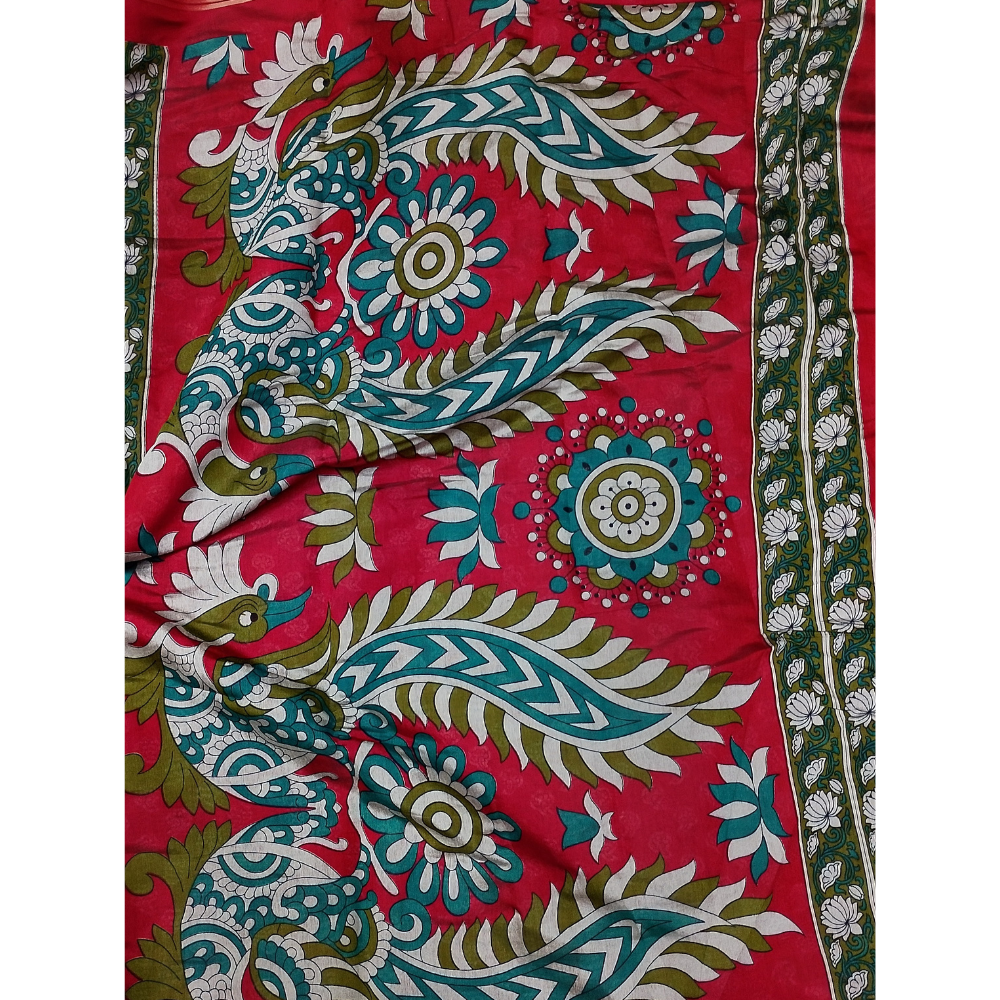 Rama Green saree with Red Blouse N Pallu Kalamkari Design Linen Cotton saree