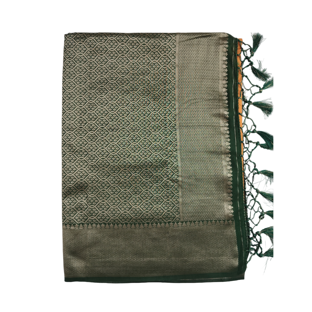 Mustard Yellow with Dark Green border pearl viscose sarees with floral motifs