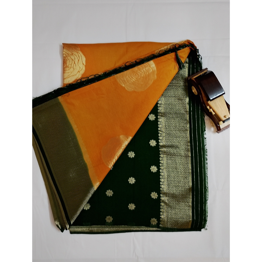 Mustard Yellow with Dark Green border pearl viscose sarees with floral motifs