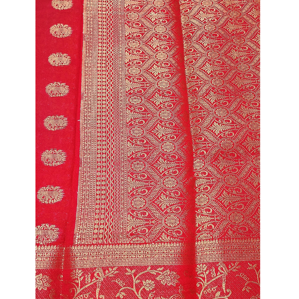 Bright Red with contrast blouse retro Georgette Semi Silk Saree