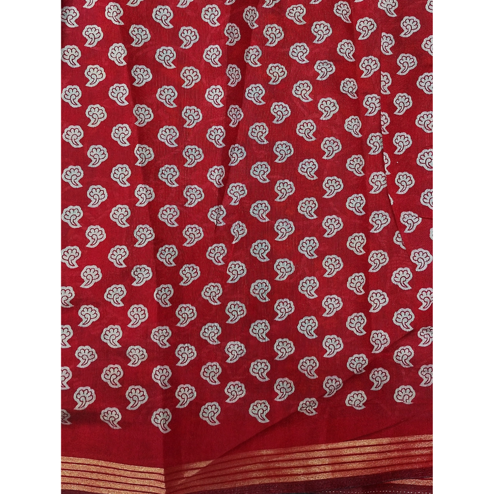 Rama Green saree with Red Blouse N Pallu Kalamkari Design Linen Cotton saree