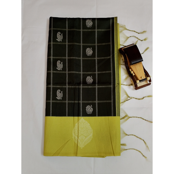 Light Olive Green with Lemon Yellow Border Pallu Blouse Semi Tusser Saree