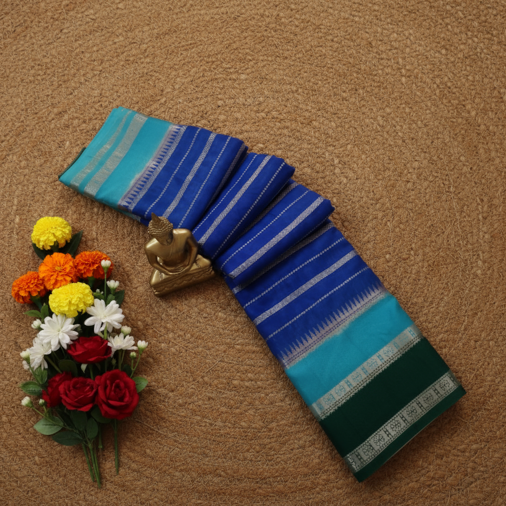 Ink blue colour with brocade Dark Green blouse Wam Silk 3D Saree