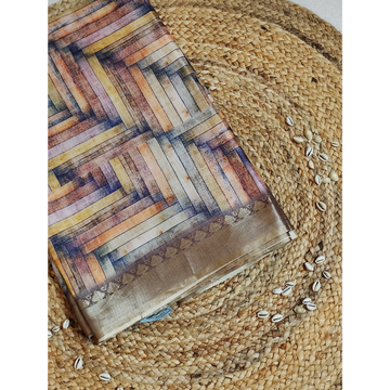 Multi Colour Geometric Pattern  Linen Digital Saree