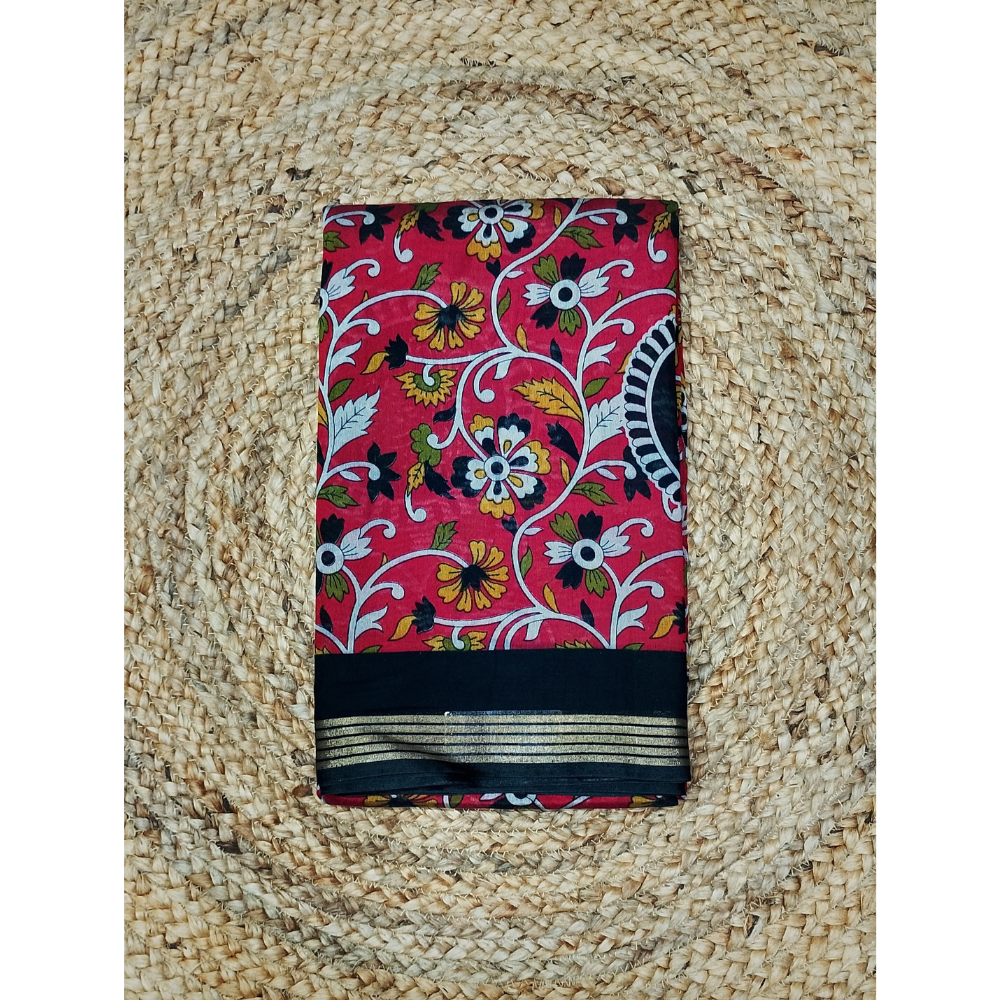 Bright Pink Saree with Red Blouse N Pallu Kalamkari Designs Linen Cotton Saree