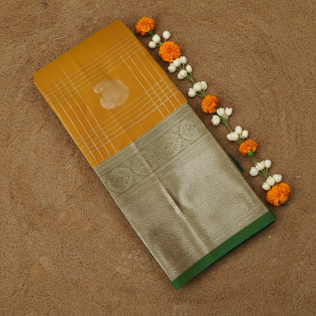 Mustard Yellow Colour with Green blouse n pallu Premium Silk Cotton Saree